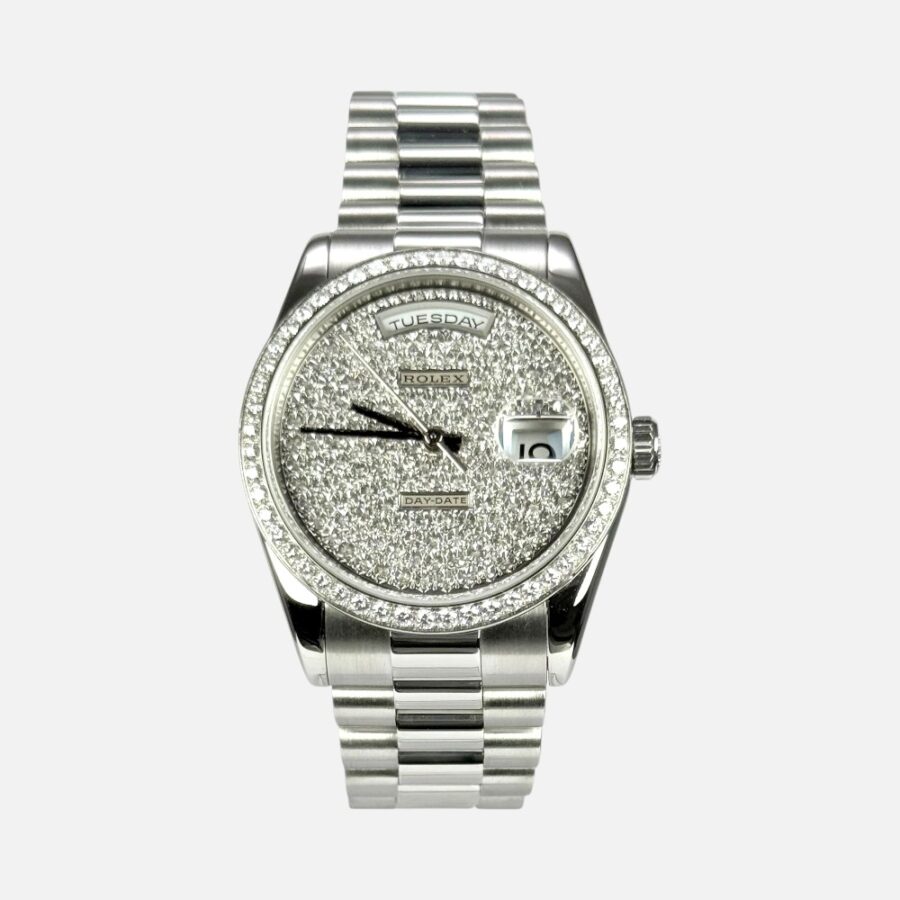 0b2b8886eee74328ad16207d5881e36f Rolex Day-Date 118346 Platinum Diamond Paved Dial 36 mm