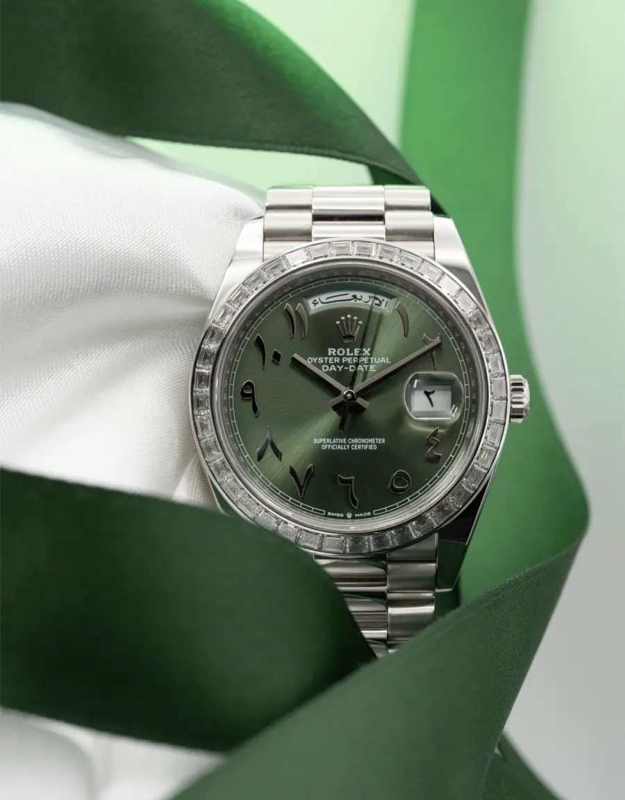 Rolex Day-Date 40 228396TBR Platinum Olive Green Hindu Arabic
