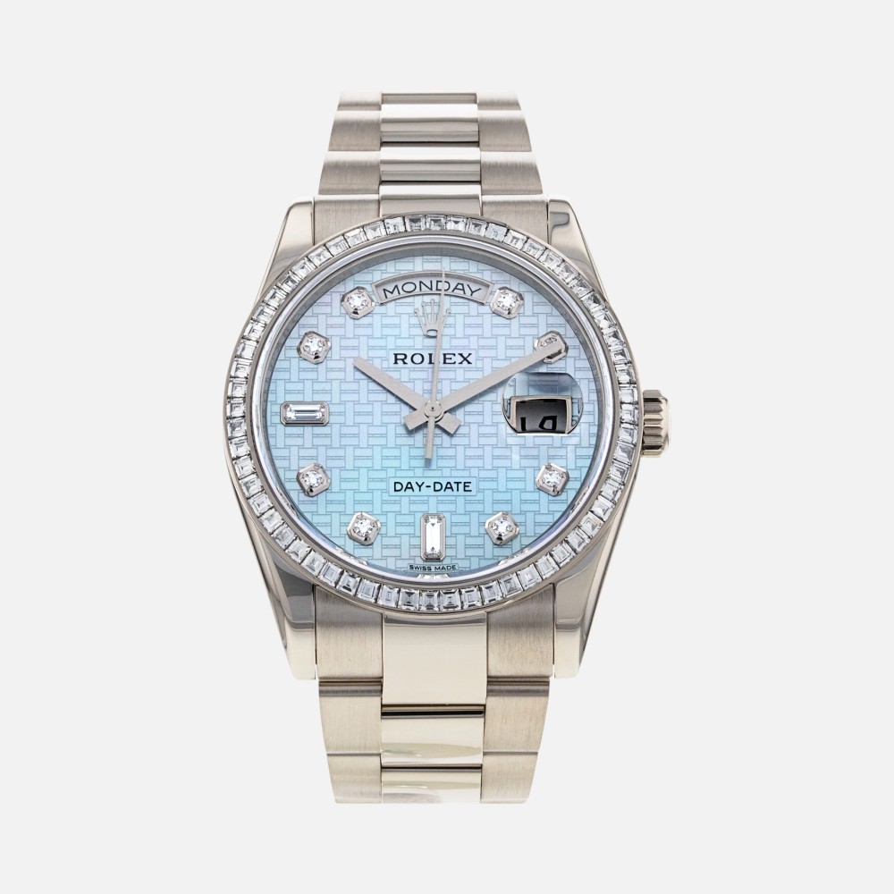 Rolex Day-Date 118399BR Mother of Pearl Blue Diamond Dial 36mm White Gold