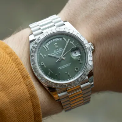 Rolex Day-Date 40 228396TBR Platinum Olive Green Hindu Arabic
