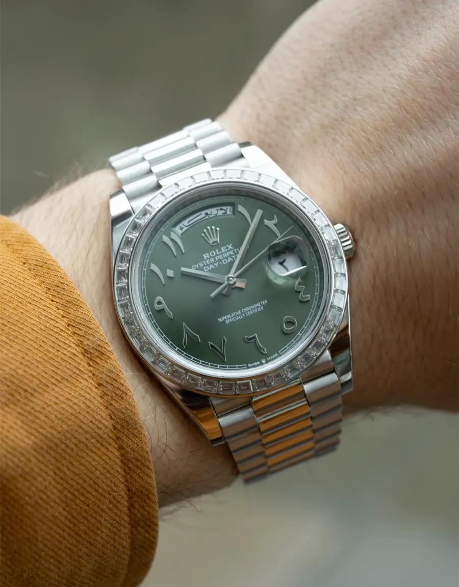 Rolex Day-Date 40 228396TBR Platinum Olive Green Hindu Arabic