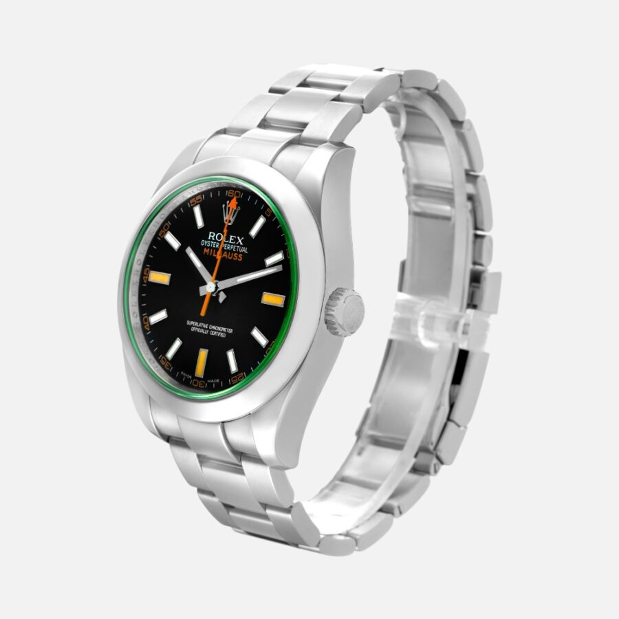 Rolex Milgauss 116400 GV Green Crystal Black Dial 40mm Steel
