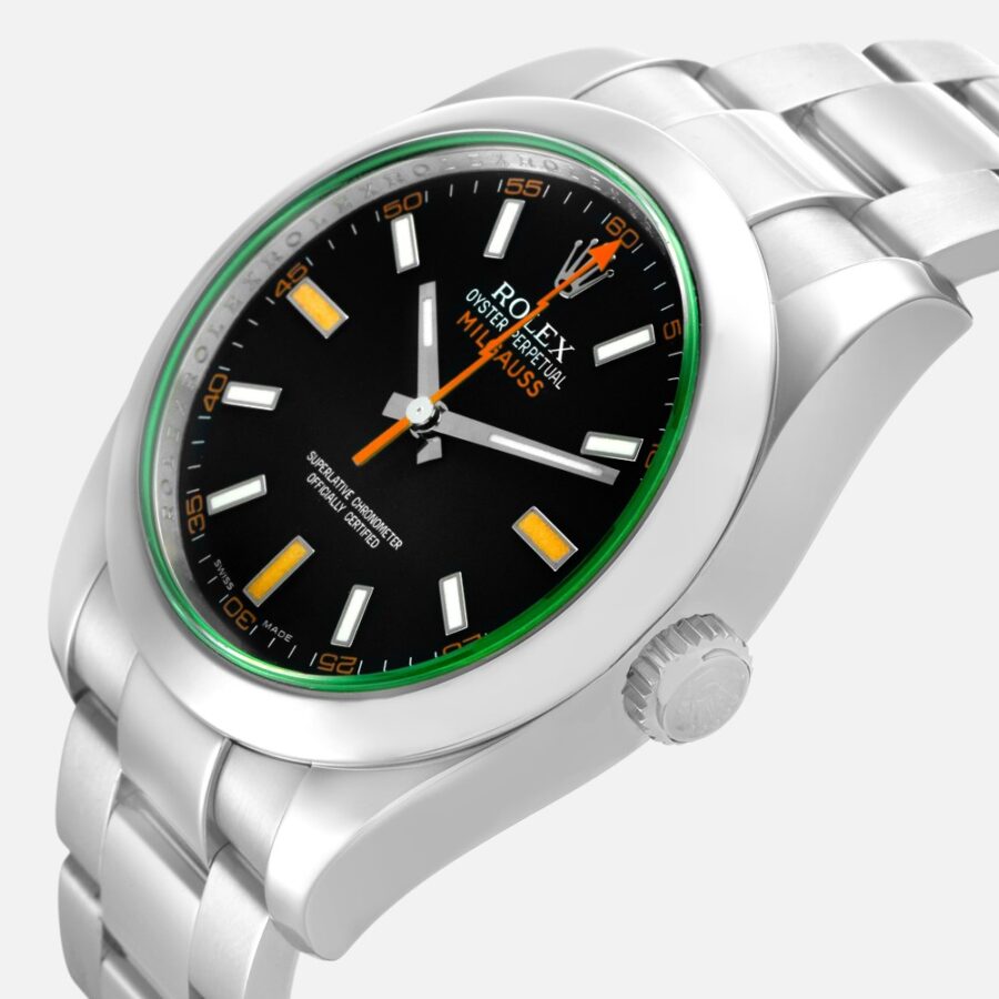 Rolex Milgauss 116400 GV Green Crystal Black Dial 40mm Steel
