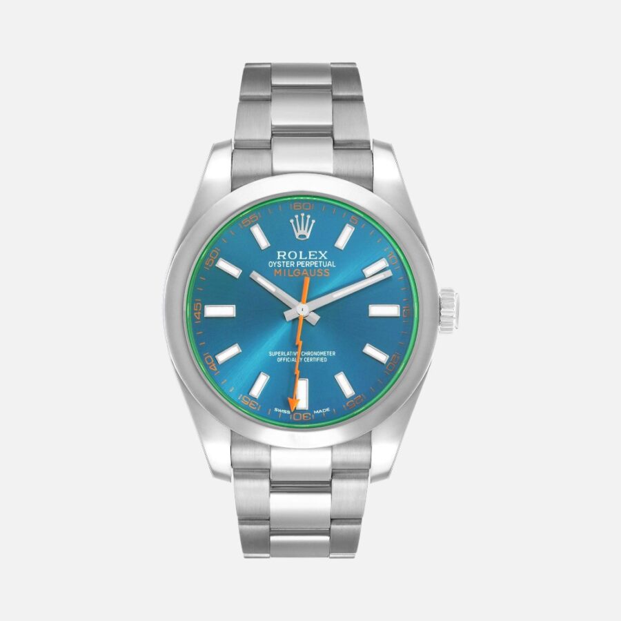 Rolex Milgauss 116400GV Green Crystal Blue Dial 40mm Steel