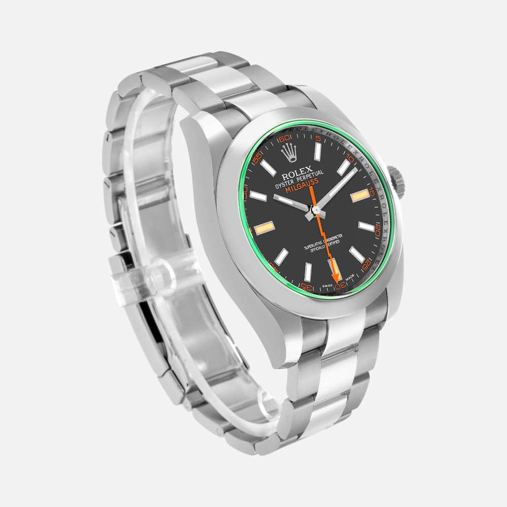 Rolex Milgauss 116400 Green Crystal Black Dial 40mm Steel