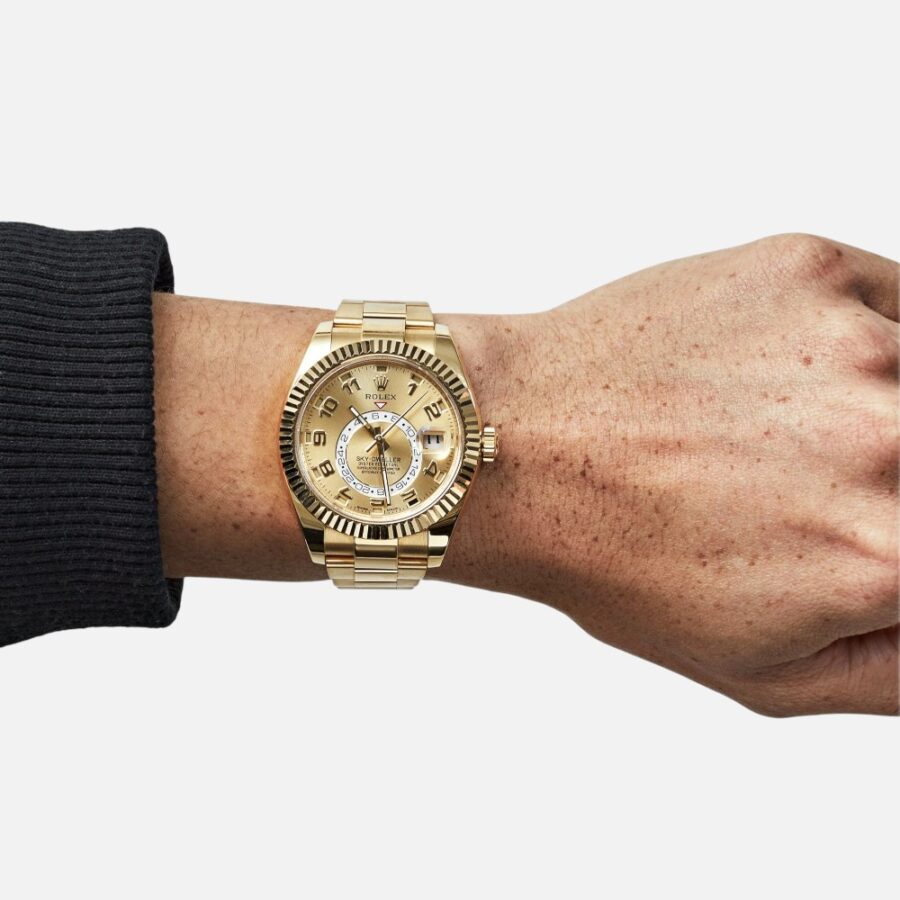 Rolex Sky-Dweller 326938 Yellow Gold Champagne Dial Arabic Numerals