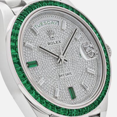 Rolex Day-Date 40 228396TEM Platinum Emerald Bezel Diamond Dial