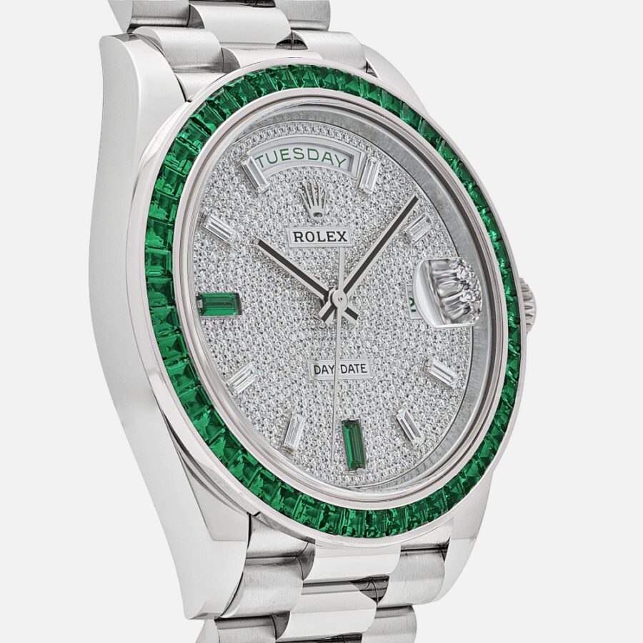 Rolex Day-Date 40 228396TEM Platinum Emerald Bezel Diamond Dial