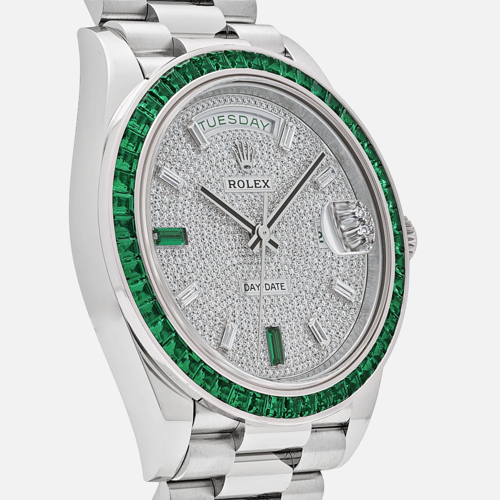 Rolex Day-Date 40 228396TEM Platinum Emerald Bezel Diamond Dial