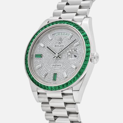 Rolex Day-Date 40 228396TEM Platinum Emerald Bezel Diamond Dial