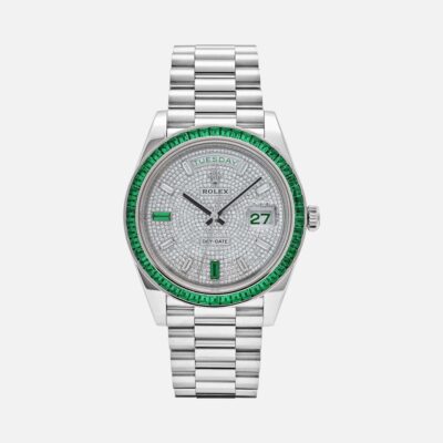 Rolex Day-Date 40 228396TEM Platinum Emerald Bezel Diamond Dial