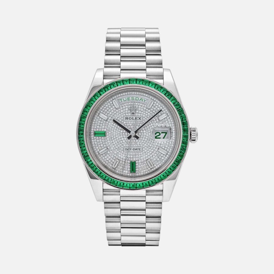 Rolex Day-Date 40 228396TEM Platinum Emerald Bezel Diamond Dial