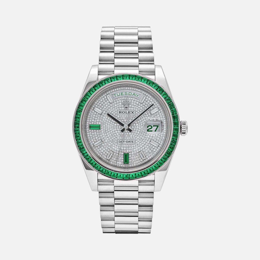 Rolex Day-Date 40 228396TEM Platinum Emerald Bezel Diamond Dial