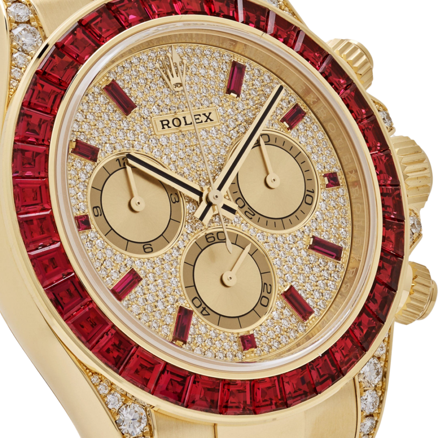 Rolex Daytona 126598TRU Yellow Gold Ruby Bezel Diamond Pave Dial