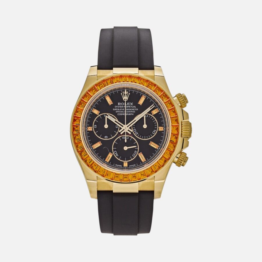dxhdgxf (2) Rolex Daytona 116588SACO Yellow Gold Orange Sapphire Bezel Black Diamond Dial