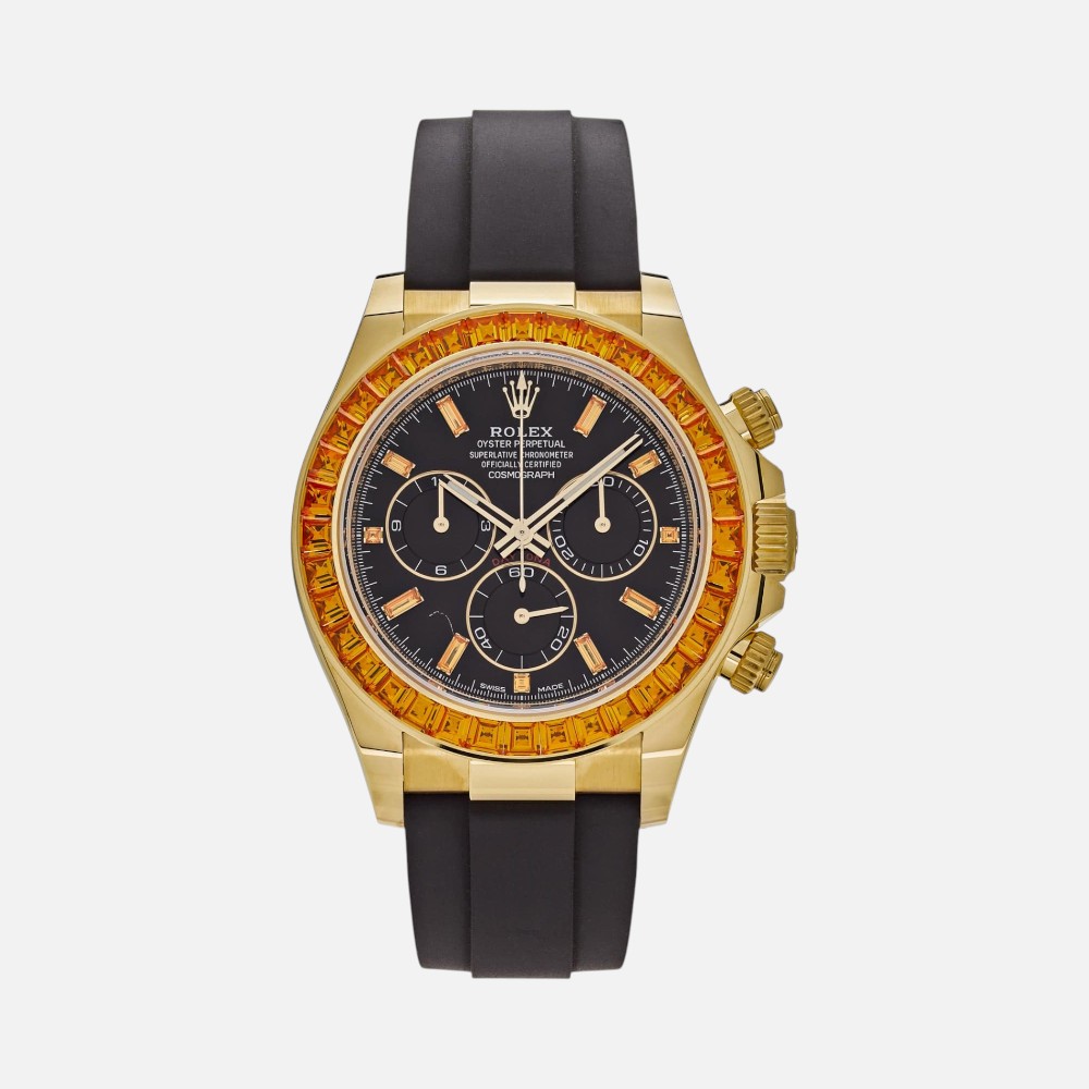 Rolex Daytona 116588SACO Yellow Gold Orange Sapphire Bezel Black Diamond Dial
