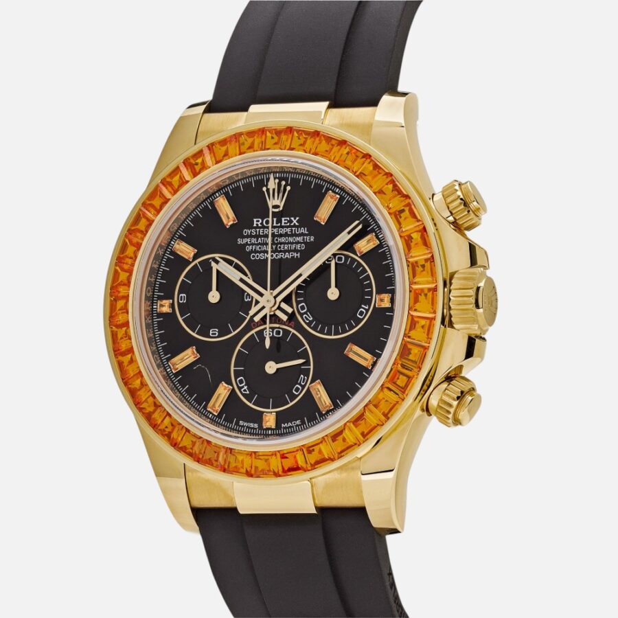 Rolex Daytona 116588SACO Yellow Gold Orange Sapphire Bezel Black Diamond Dial