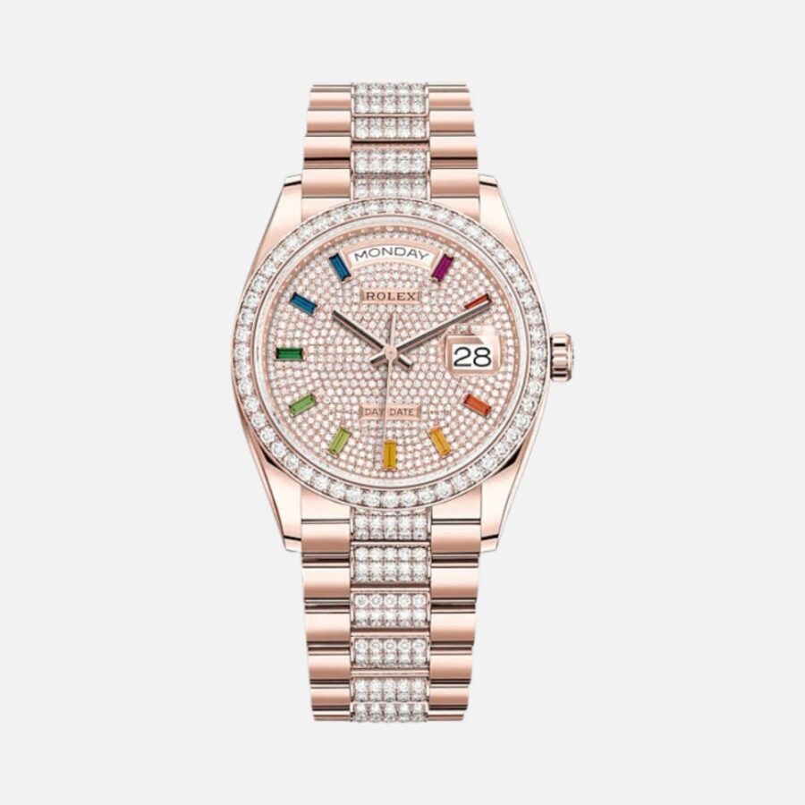 Rolex Day-Date 36 128345RBR Rainbow Pave Diamond Rose Gold