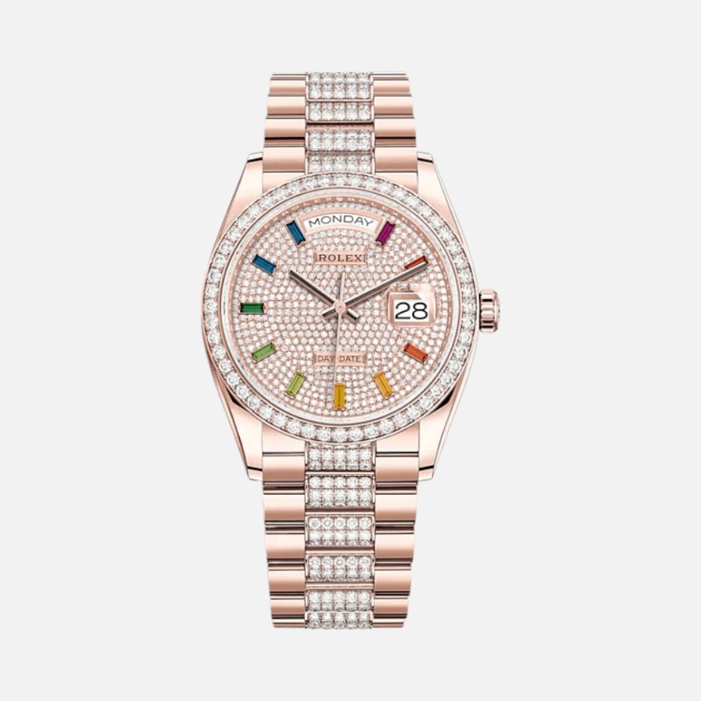 Rolex Day-Date 36 128345RBR Rainbow Pave Diamond Rose Gold
